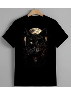 Kedi Ay Altun Cizim Minimalist Unisex Erkek Kadın Oversize Tişört Siyah