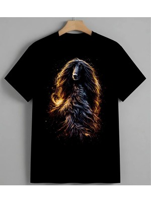 Uzun Samli Kopek Turuncu Renk Unisex Erkek Kadın Oversize Tişört Siyah
