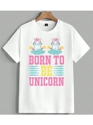 Born To Be Unicorn Pembe Unisex Oversize Tişört Beyaz