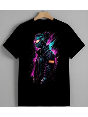 Siber Punk Neon Robot Baskılı Unisex Erkek Kadın Oversize Tişört Siyah