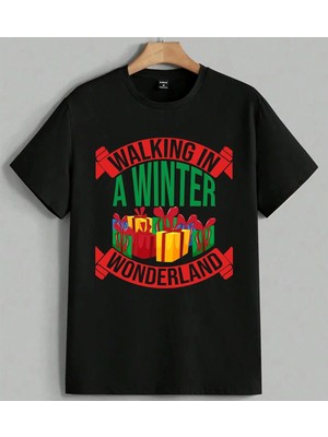 Kis Yuruyusu Winter Wonderland Baskılı Unisex Erkek Kadın Oversize Tişört Siyah