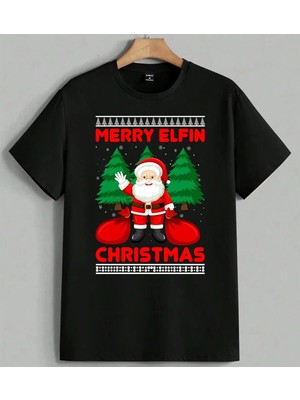 Noel Baba Merry Elfin Baskılı Unisex Erkek Kadın Oversize Tişört Siyah