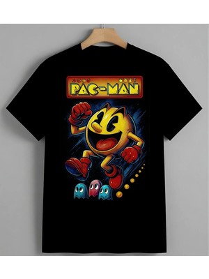 Pac Man Oyun Klasik Meyveler Unisex Erkek Kadın Oversize Tişört Siyah