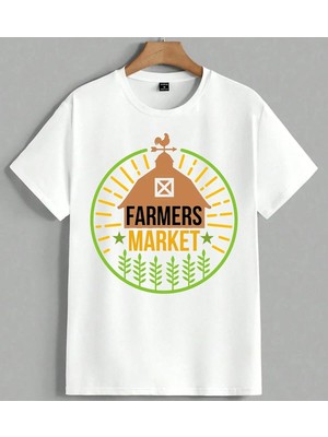 Farmers Market Ciftlik Amblemi Unisex Oversize Tişört Beyaz