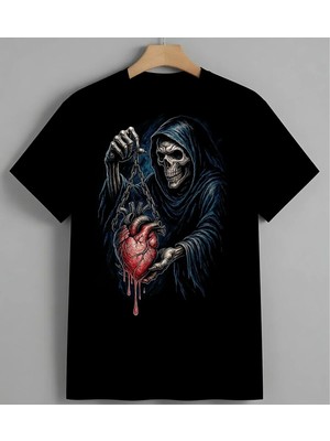 Olum Tasiyici Kalpli Iskelet Unisex Erkek Kadın Oversize Tişört Siyah