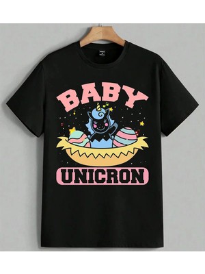 Baby Unicorn Parti Kutlamasi Baskılı Unisex Erkek Kadın Oversize Tişört Siyah