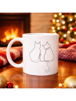 Ny Joy Minimal Çizim Iki Kedi Desenli Porselen Kupa Model 77 – Sevgi Temalı Şık Tasarım, Kahve & Ç