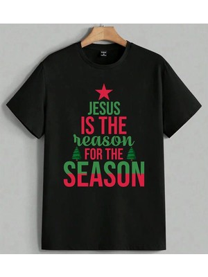 Jesus Noel Din Mesaj Kirmizi Baskılı Unisex Erkek Kadın Oversize Tişört Siyah