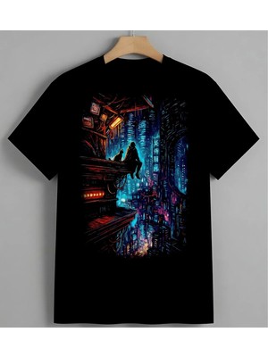 Neon Sehir Cyberpunk Sanat 2 Unisex Erkek Kadın Oversize Tişört Siyah