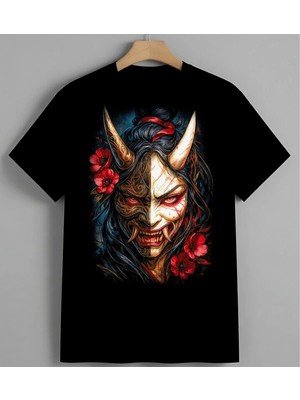 Oni Masken Kizil Cicek Unisex Erkek Kadın Oversize Tişört Siyah