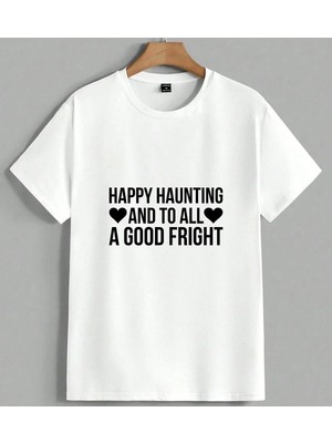 Happy Haunting Korku Severlere Unisex Oversize Tişört Beyaz