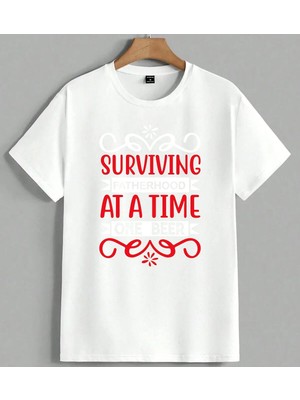 Surviving At A Time Motivasyon Unisex Oversize Tişört Beyaz