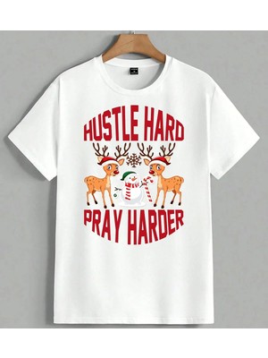 Hustle Hard Noel Ren Kardan Unisex Oversize Tişört Beyaz