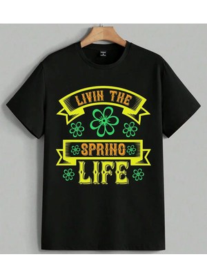 Yasin The Spring Life Yesil Baskılı Unisex Erkek Kadın Oversize Tişört Siyah