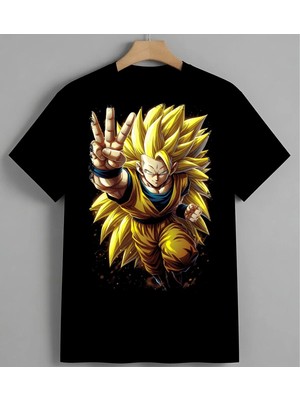 Super Saiyan Manga Saric Guclu Baskılı Unisex Erkek Kadın Oversize Tişört Siyah