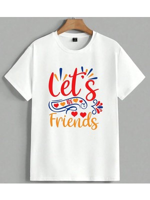 Lets Be Friends Kalp Tasarimi Unisex Oversize Tişört Beyaz