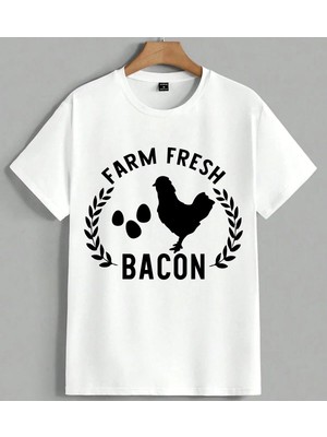 Farm Fresh Tavuk Yumurta Bacon Unisex Oversize Tişört Beyaz