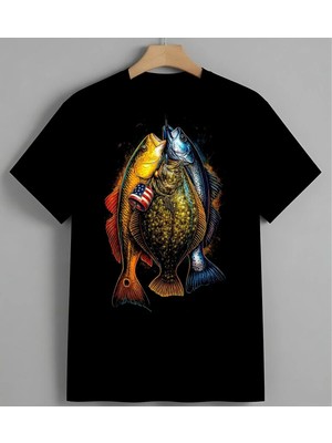 Balik Resim Renkli Ilustrasyon Syh Unisex Erkek Kadın Oversize Tişört Siyah