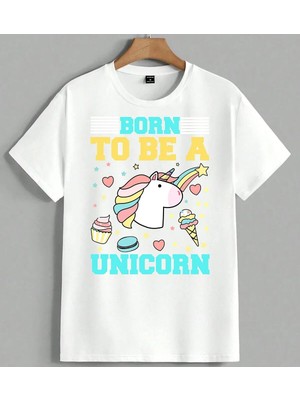 Born To Be Unicorn Unicorn Unisex Oversize Tişört Beyaz