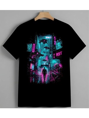 Cyber Punk Futuristik Sehir Syh Unisex Erkek Kadın Oversize Tişört Siyah
