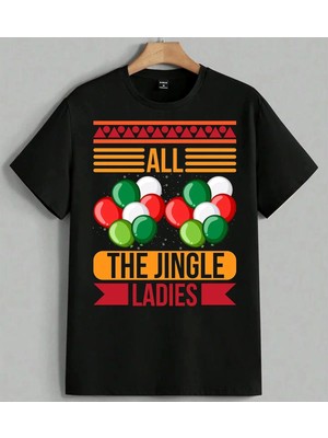 All Jingle Ladies Balon Renkli Baskılı Unisex Erkek Kadın Oversize Tişört Siyah