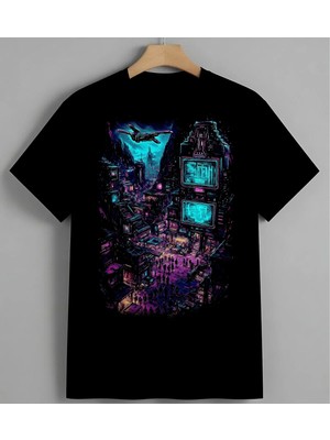 Futuristik Sehir Neon Sanat Syh Unisex Erkek Kadın Oversize Tişört Siyah
