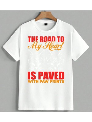 Yol Kalbi Paw Prints Tasma Unisex Oversize Tişört Beyaz