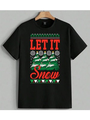 Let It Snow Noel Agaci Yesil Baskılı Unisex Erkek Kadın Oversize Tişört Siyah