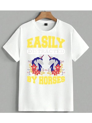 Easily Horses Unicorn Desenli Unisex Oversize Tişört Beyaz
