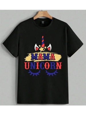 Mama Unicorn Kiz Cocuk Renkli Baskılı Unisex Erkek Kadın Oversize Tişört Siyah
