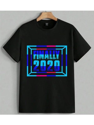 Finally Turkuaz Cizim Yil Baskılı Unisex Erkek Kadın Oversize Tişört Siyah