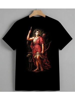 Artemis Tanrica Ok Yay Kirmizi Baskılı Unisex Erkek Kadın Oversize Tişört Siyah