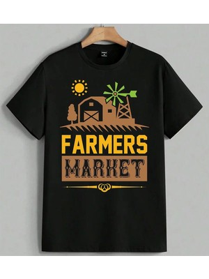 Farmers Market Ciftlik Yasam Baskılı Unisex Erkek Kadın Oversize Tişört Siyah