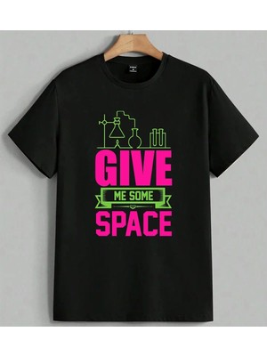 Give Me Some Space Bilim Baskılı Unisex Erkek Kadın Oversize Tişört Siyah