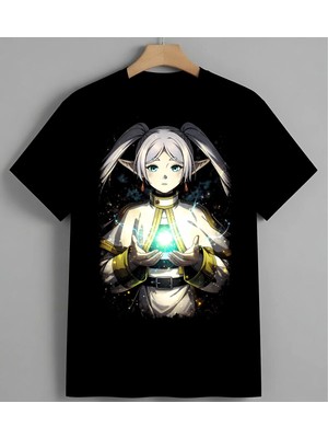 Anime Kiz Yesilisik Enerji Baskılı Unisex Erkek Kadın Oversize Tişört Siyah