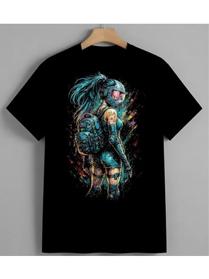Robot Kiz Tech Sanat Neon Baskılı Unisex Erkek Kadın Oversize Tişört Siyah