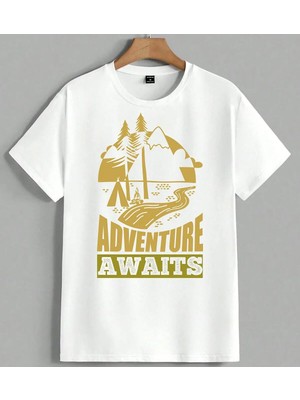 Adventure Awaits Doga Kampasi Unisex Oversize Tişört Beyaz
