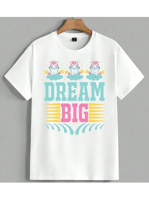 Dream Big Unicorn Bulut Cocuk Unisex Oversize Tişört Beyaz
