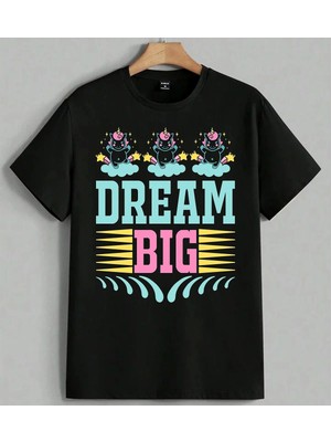 Dream Big Unicorn Bulut Cocuk Baskılı Unisex Erkek Kadın Oversize Tişört Siyah