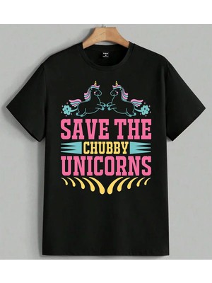 Unicorn Kurtarma Chubby Baskılı Unisex Erkek Kadın Oversize Tişört Siyah
