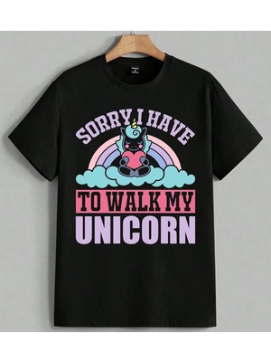 Sorry I Hate Unicorn Askisma Baskılı Unisex Erkek Kadın Oversize Tişört Siyah