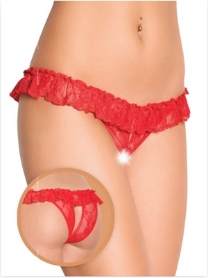 Tegan Mor Gece Fantezi Üstü Fırfırlı Ağı Açık Kırmızı Dantel Tanga String