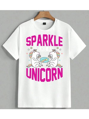 Sparkle Unicorn Pembe Yazi Unisex Oversize Tişört Beyaz