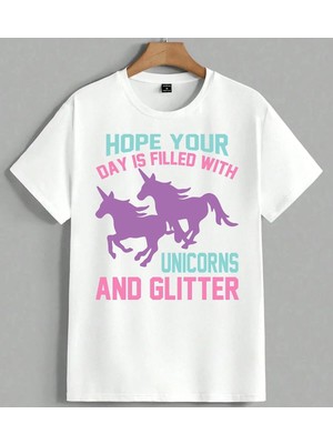 Unicorn Umut Parlak Tasarim Unisex Oversize Tişört Beyaz