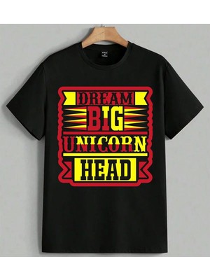 Dream Big Unicorn Head Baskılı Unisex Erkek Kadın Oversize Tişört Siyah