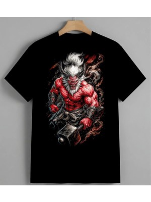 Kizil Canavar Kasli Demon Unisex Erkek Kadın Oversize Tişört Siyah