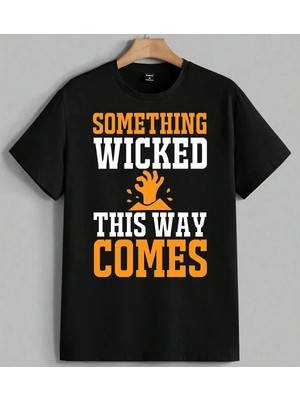 Something Comes Turuncu Baskılı Unisex Erkek Kadın Oversize Tişört Siyah