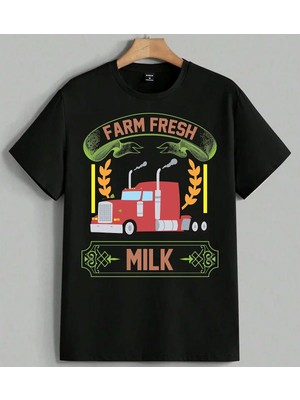 Farm Fresh Sut Tasima Tarim Baskılı Unisex Erkek Kadın Oversize Tişört Siyah
