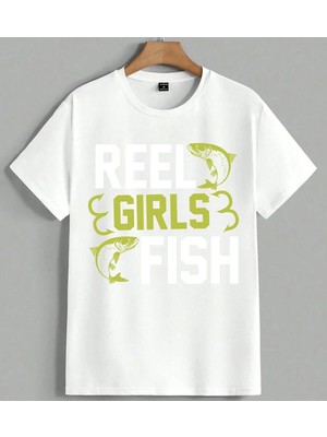 Girls Balik Yesil Logo Desen Unisex Oversize Tişört Beyaz