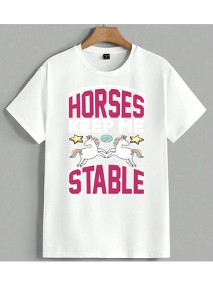 Horses Stable Unicorn Fantezi Unisex Oversize Tişört Beyaz